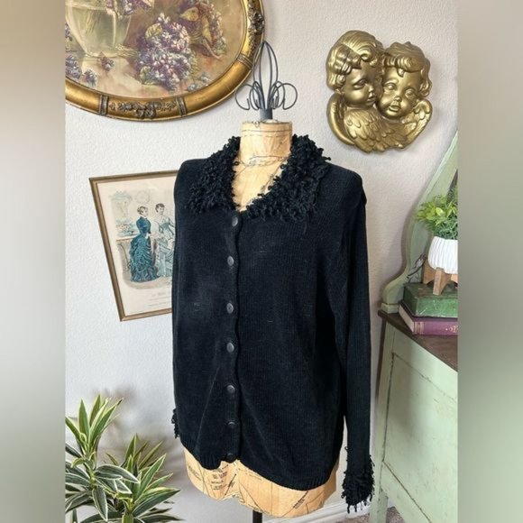 Carolina Colours Plus 90s Black Shag Cuff & Collar Cardigan Sweater sz 18/20 - Picture 10 of 11
